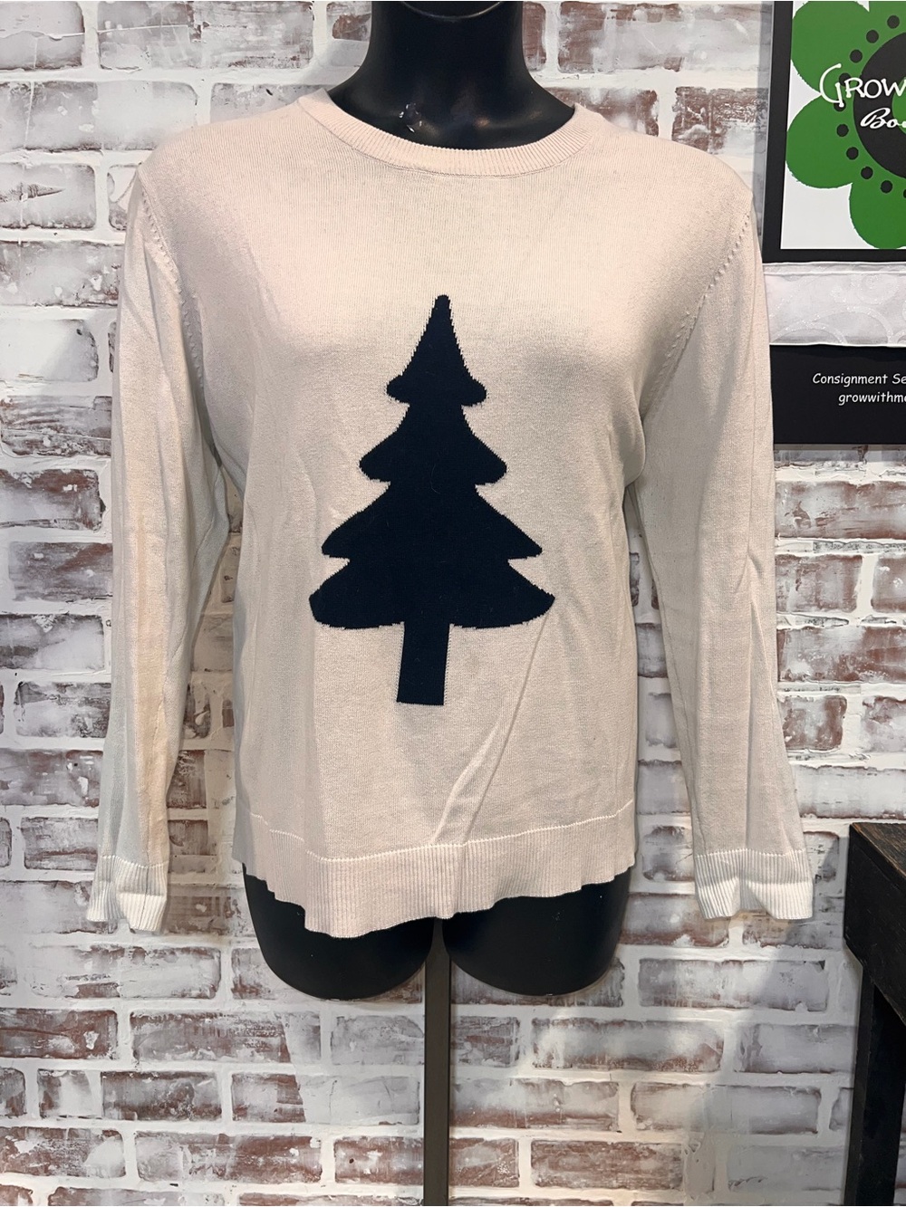 By benson Cream Sweater with Navy Tree